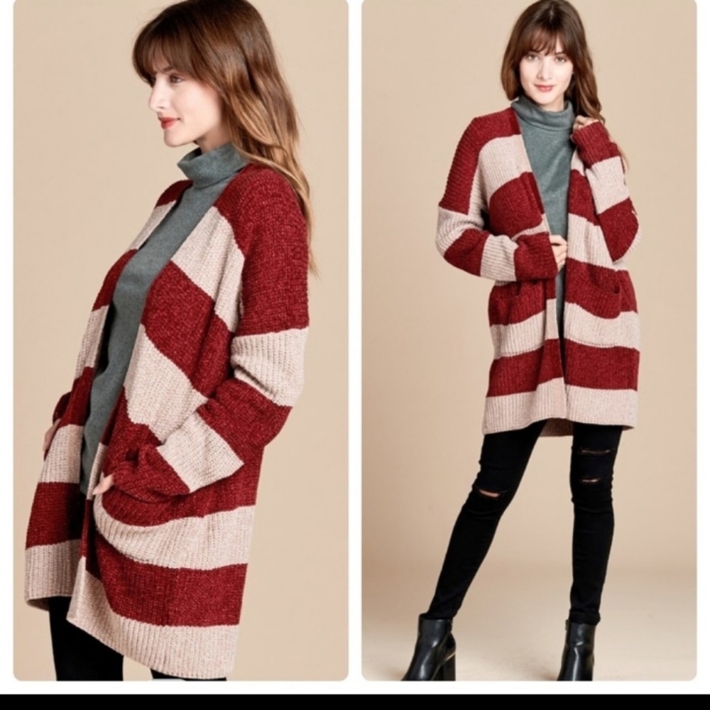 HP ODDY Taupe/Burgundy Stripe Cardigan Sweater - Picture 7 of 11